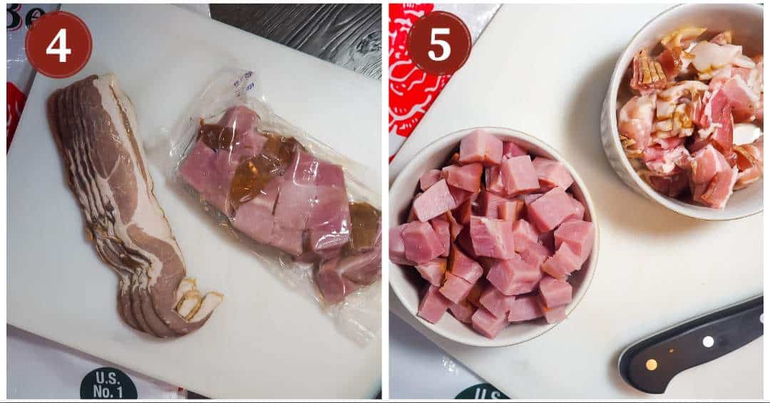 A process collage of images for making red beans, steps 4 - 5. Sliced bacon and diced seasoning ham.
