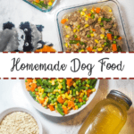 A pin image of two glass containers of homemade dog food on a marble background with three dog toys on the top half and the ingredients to cook homemade dog food on the bottom.