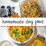 A pin image of two glass containers of homemade dog food on a marble background with three dog toys on the top half and the ingredients to cook homemade dog food on the bottom.