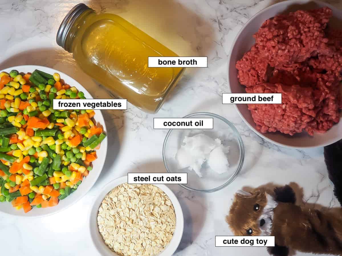 A picture of the ingredients in homemade dog food, labeled. Frozen vegetables, bone broth, ground beef, oats, and coconut oil.