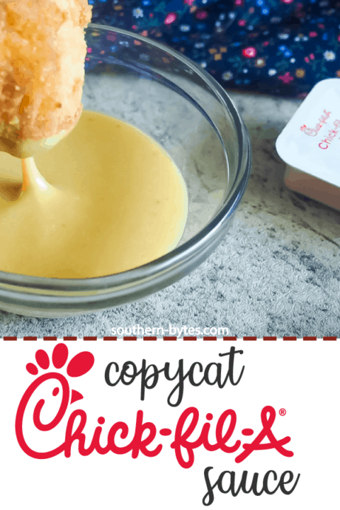 A pin image of a chicken nugget being dunked into a small glass bowl of copycat chick-fil-a sauce.