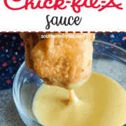 A pin image of a chicken nugget being dunked into a small glass bowl of copycat chick-fil-a sauce.