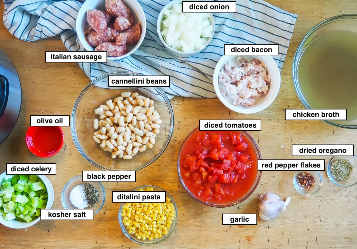 A picture of the ingredients in instant pot pasta e fagioli, labeled.