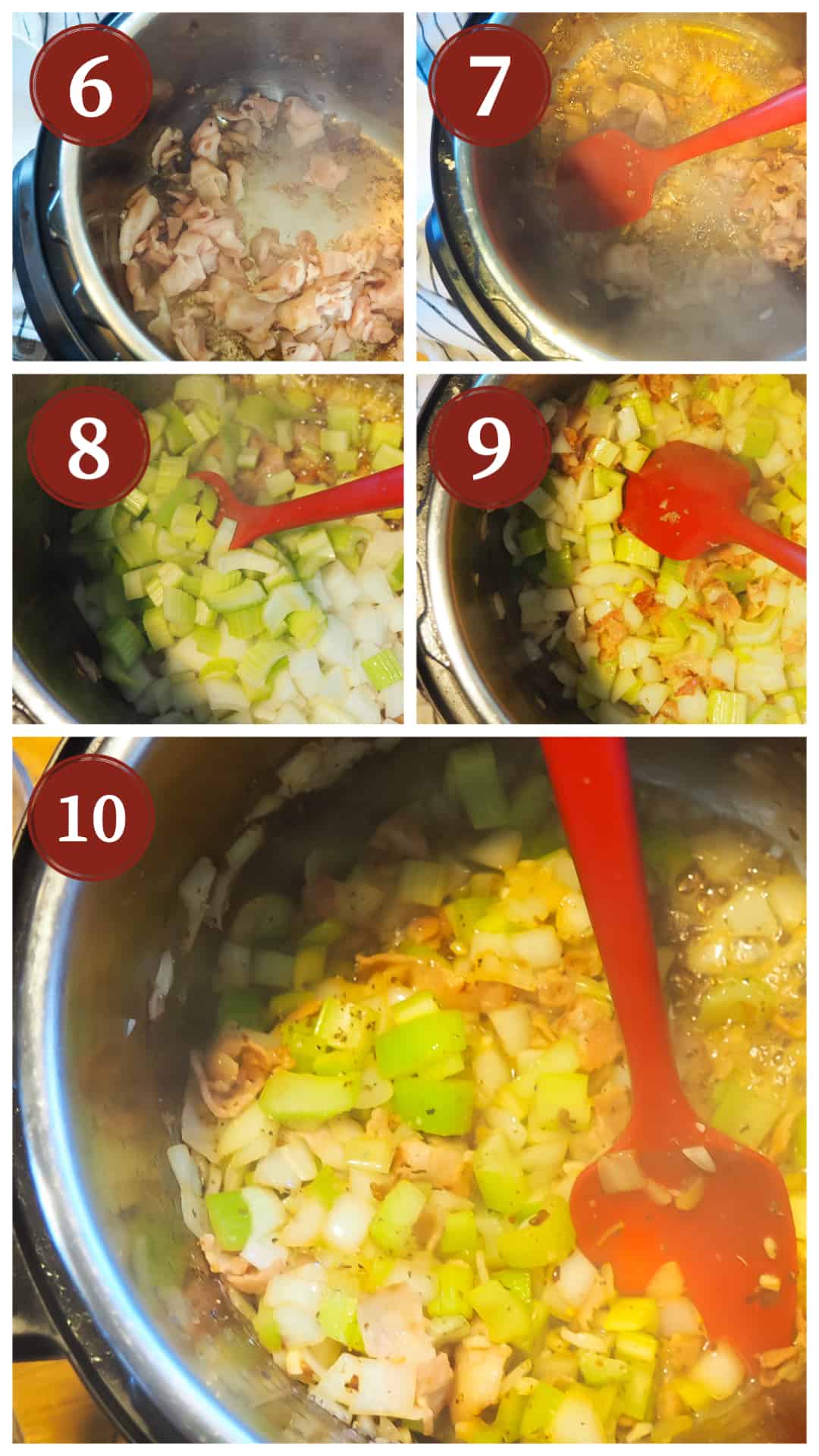 A process collage of images for making pasta e fagioli in an instant pot, steps 6 - 10.