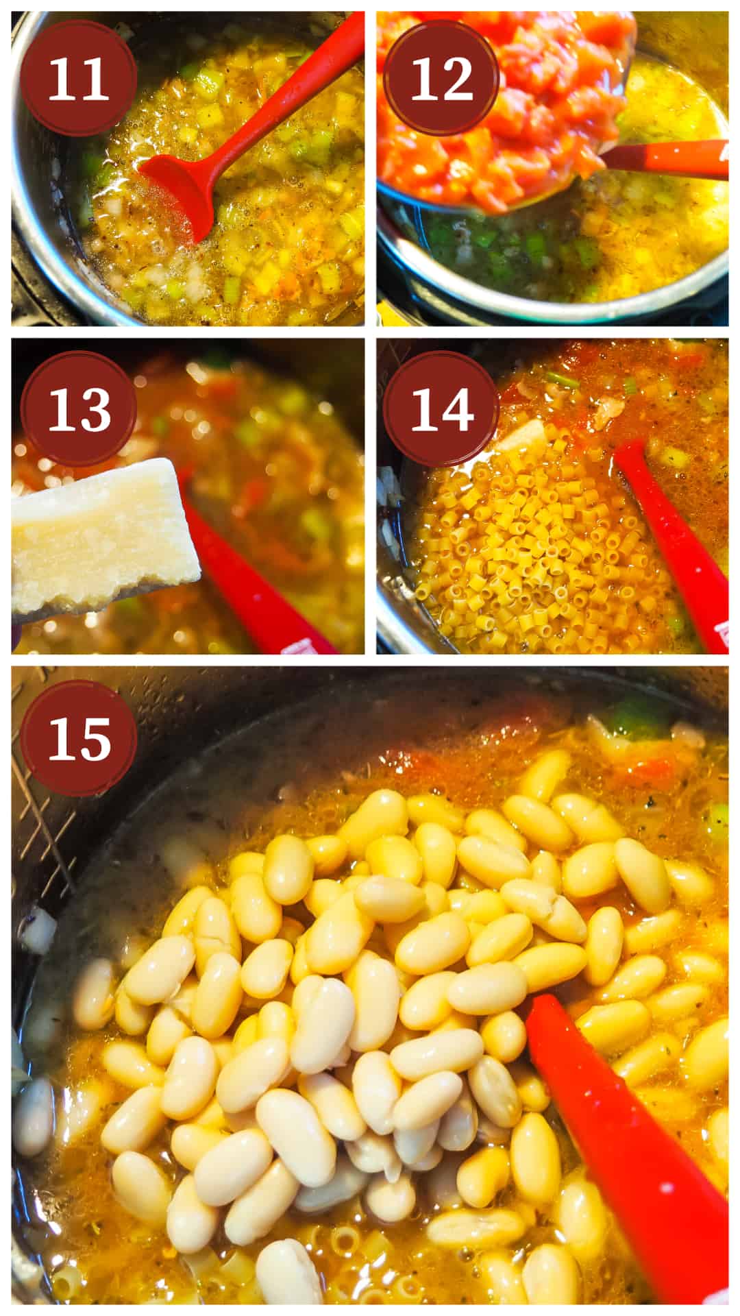 A process collage of images for making pasta e fagioli in an instant pot, steps 11 - 15.