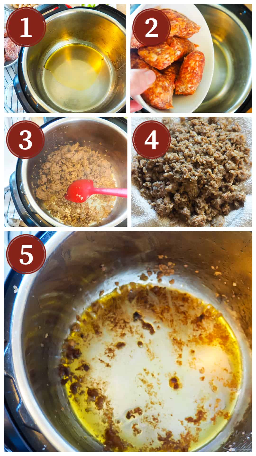 A process collage of images for making pasta e fagioli in an instant pot, steps 1 - 5.