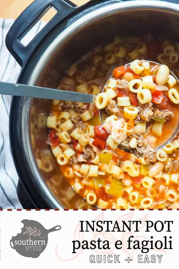 A pin image of an instant pot filled with pasta e fagioli and a ladle scooping some out.