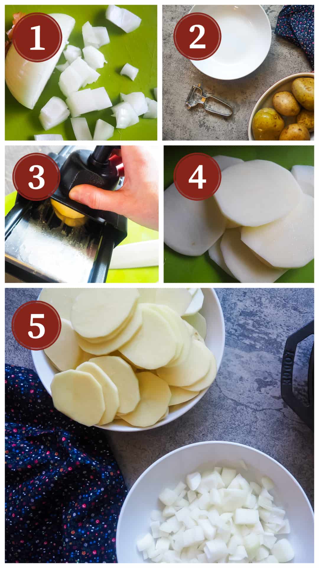 A collage of images showing the process of making a Spanish tortilla, steps 1 - 5.
