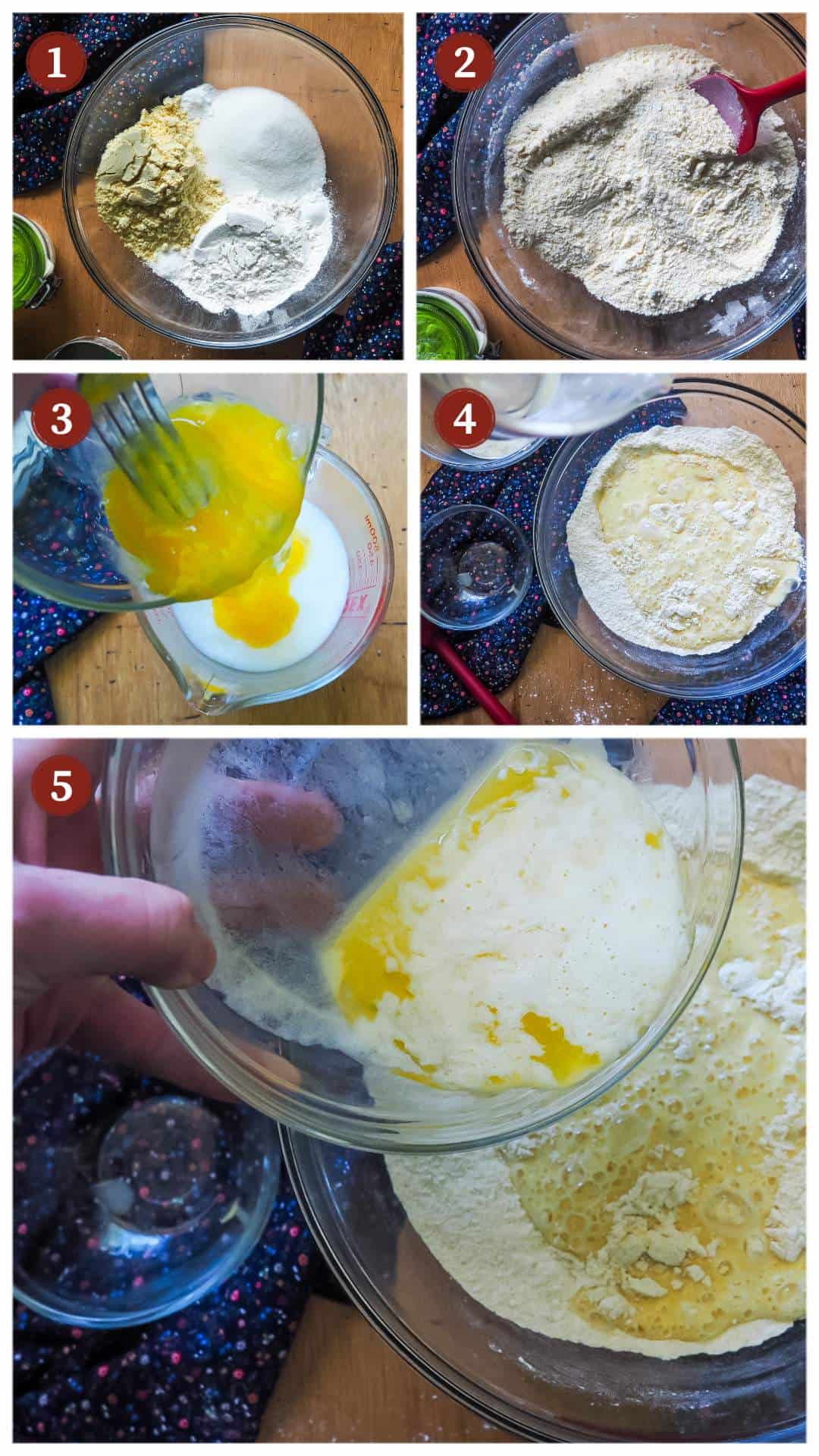 A process collage of images for making skillet cornbread, steps 1 - 5.