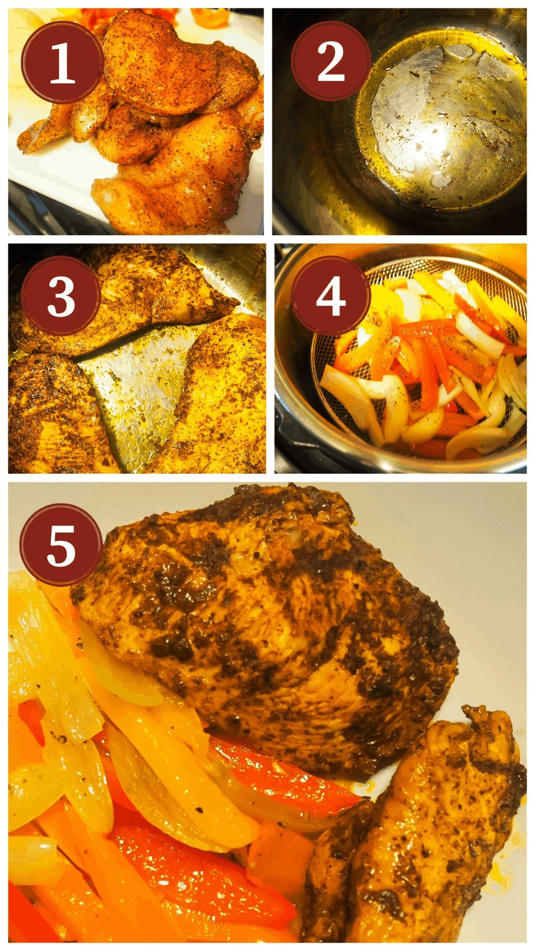 A collage of the process of making taco chicken in an Instant Pot, steps 1 - 5.
