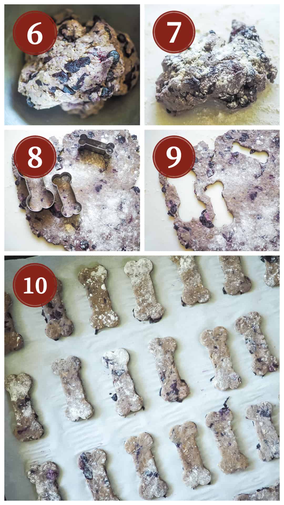 A collage of images showing the process of making blueberry dog treats, steps 6 - 10.
