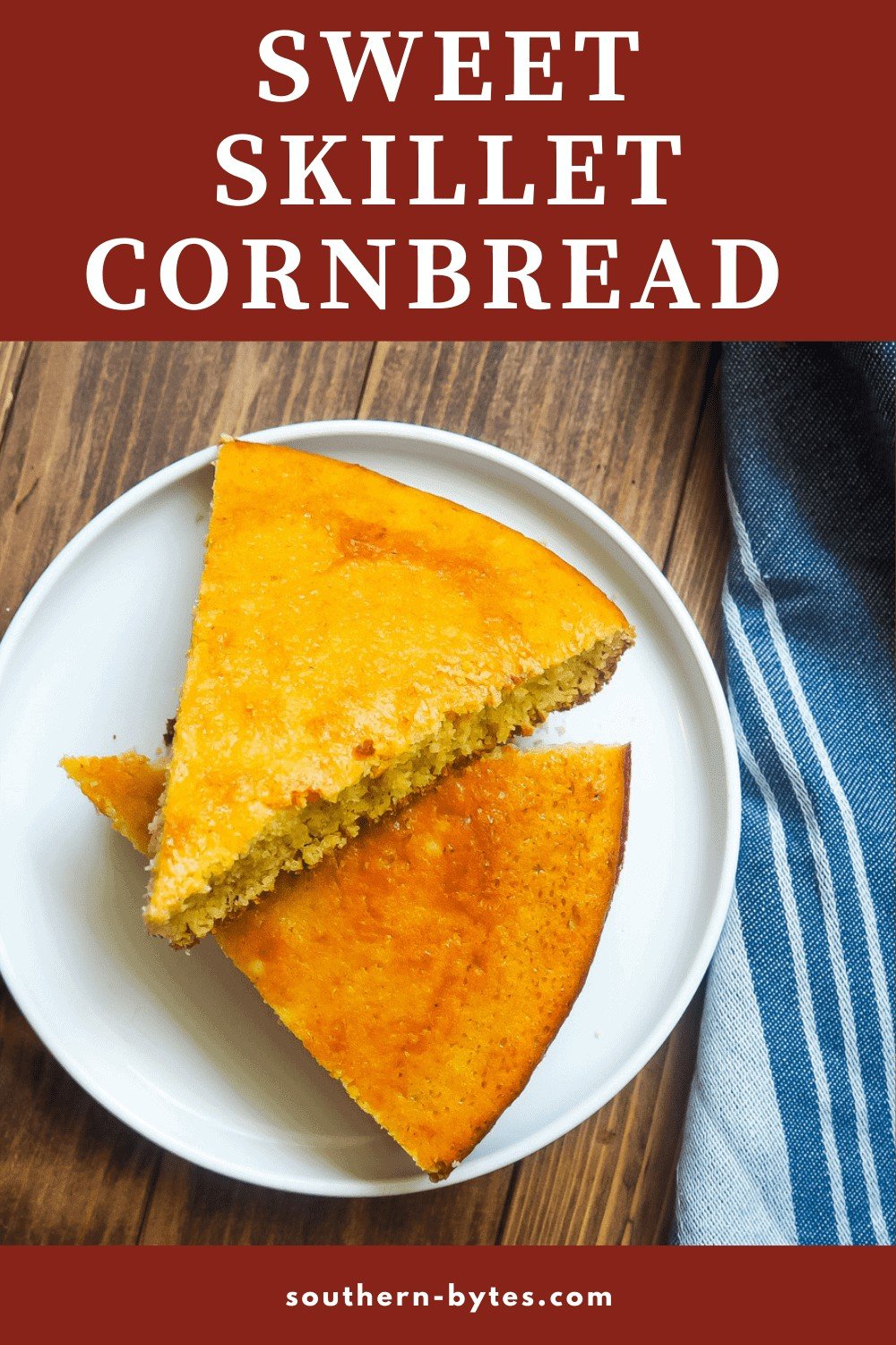 A white plate with slices of cornbread on it on a wooden background.