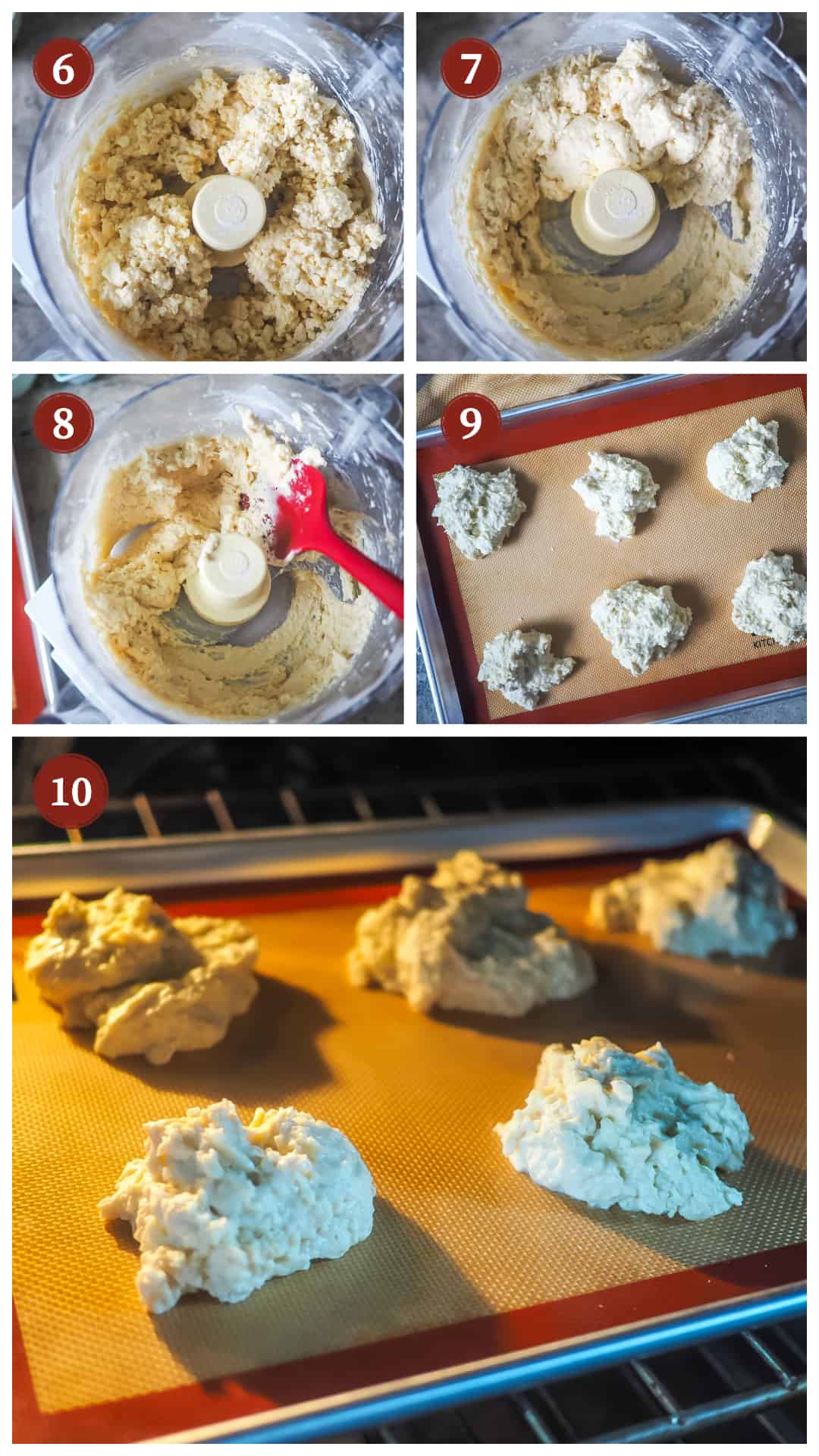 A collage of images showing the process of making drop biscuits in a food processor, steps 6 - 10.