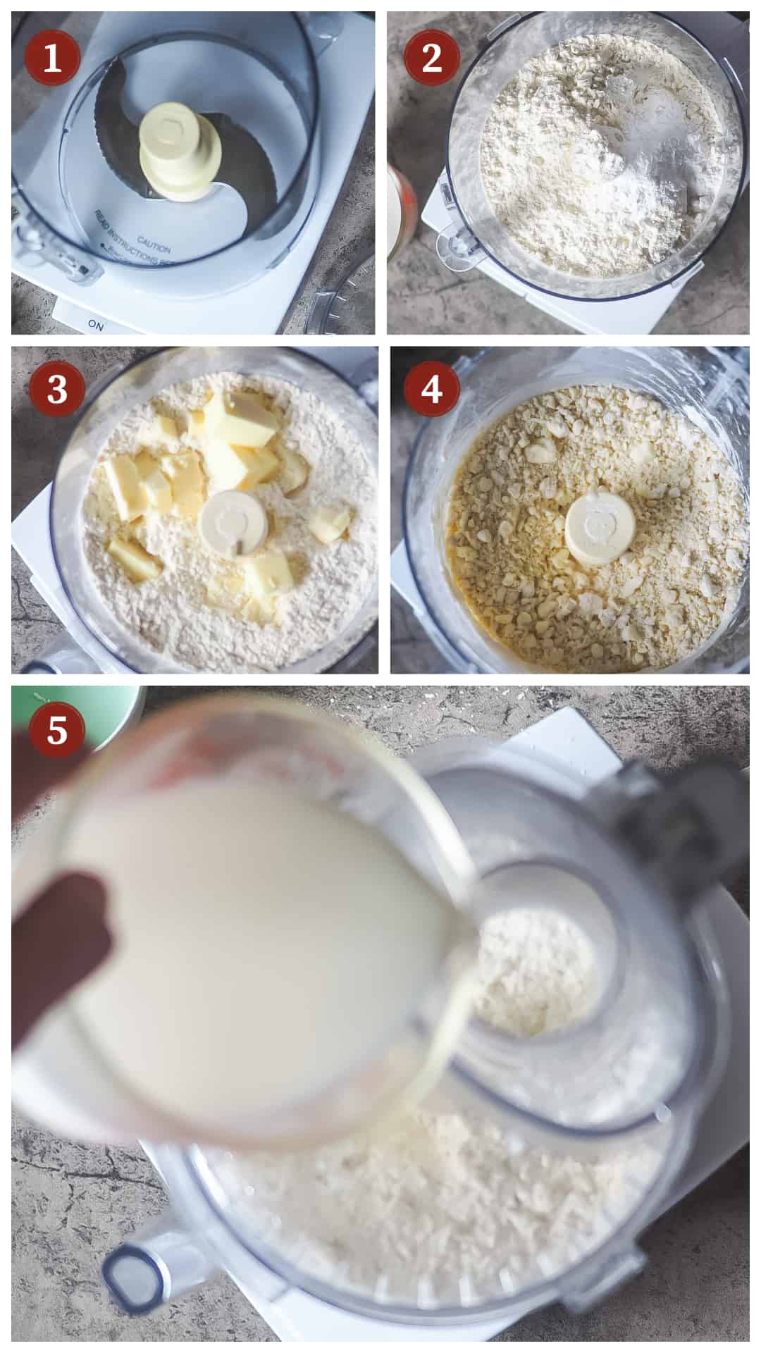 A collage of images showing the process of making drop biscuits in a food processor, steps 1 - 5.