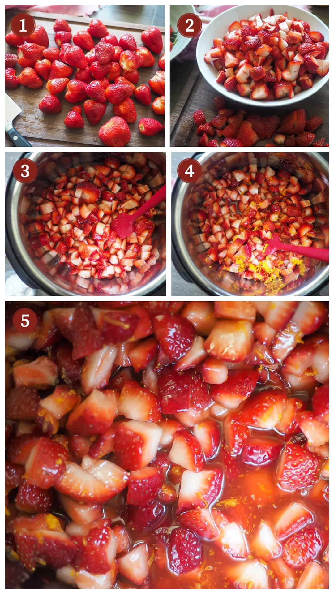 A collage of images showing the process of making paleo strawberry jam in an Instant Pot, steps 1 - 5.