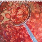 A pin image of a spoon scooping strawberry jam out of an Instant Pot.