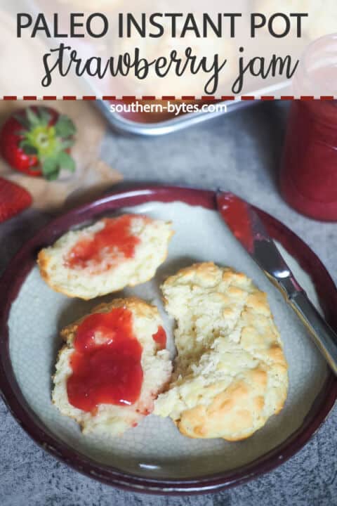 A pin image of some drop biscuits with strawberry jam spread on them.