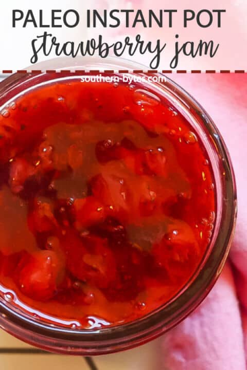 A pin image of a jar of paleo strawberry jam.