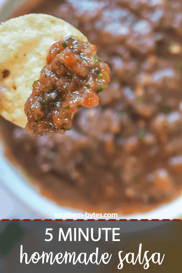 A pin image of a chip dipped in homemade salsa.