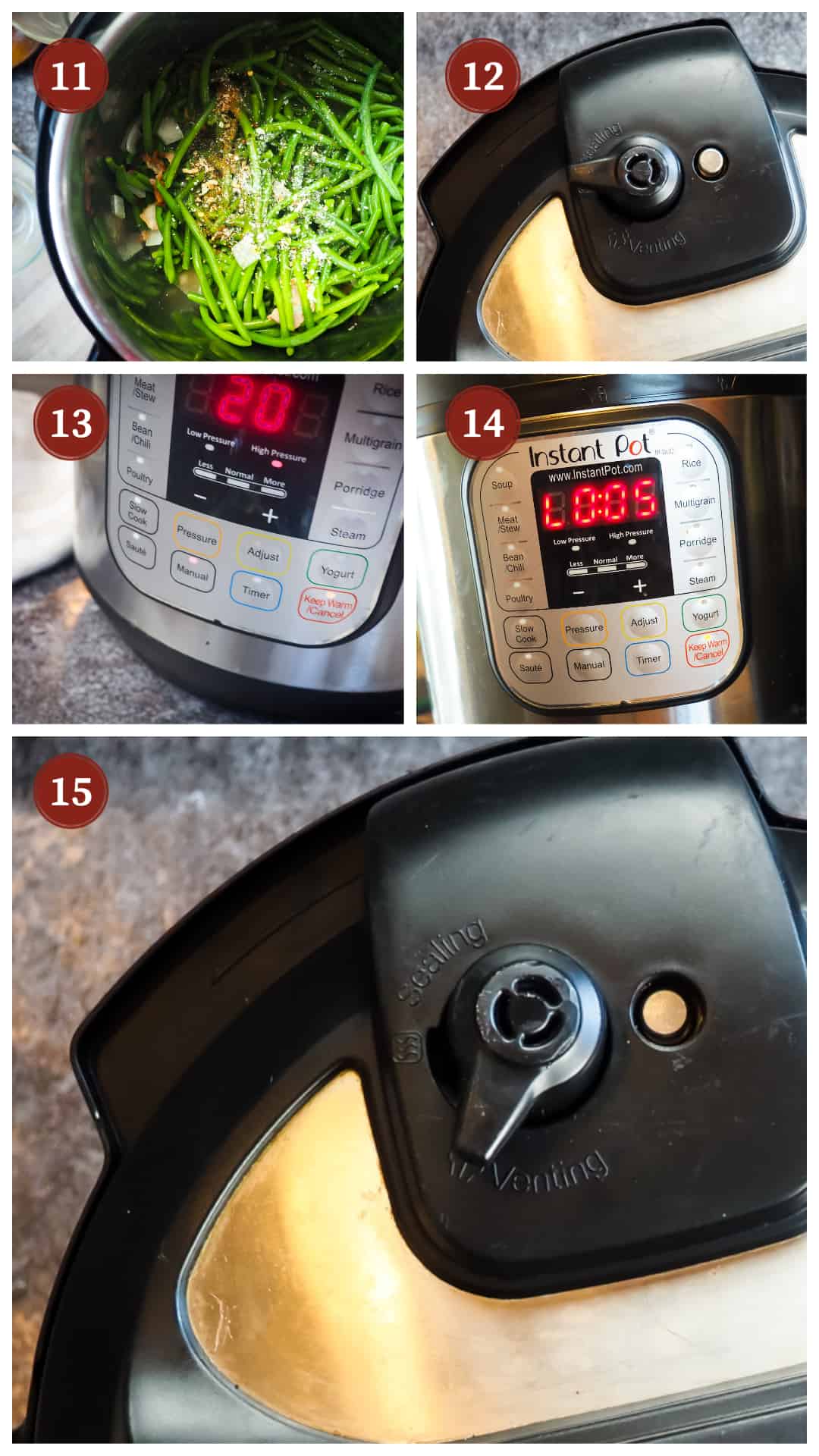 A collage of images showing the process of making southern green beans in an Instant Pot, steps 11 - 15.