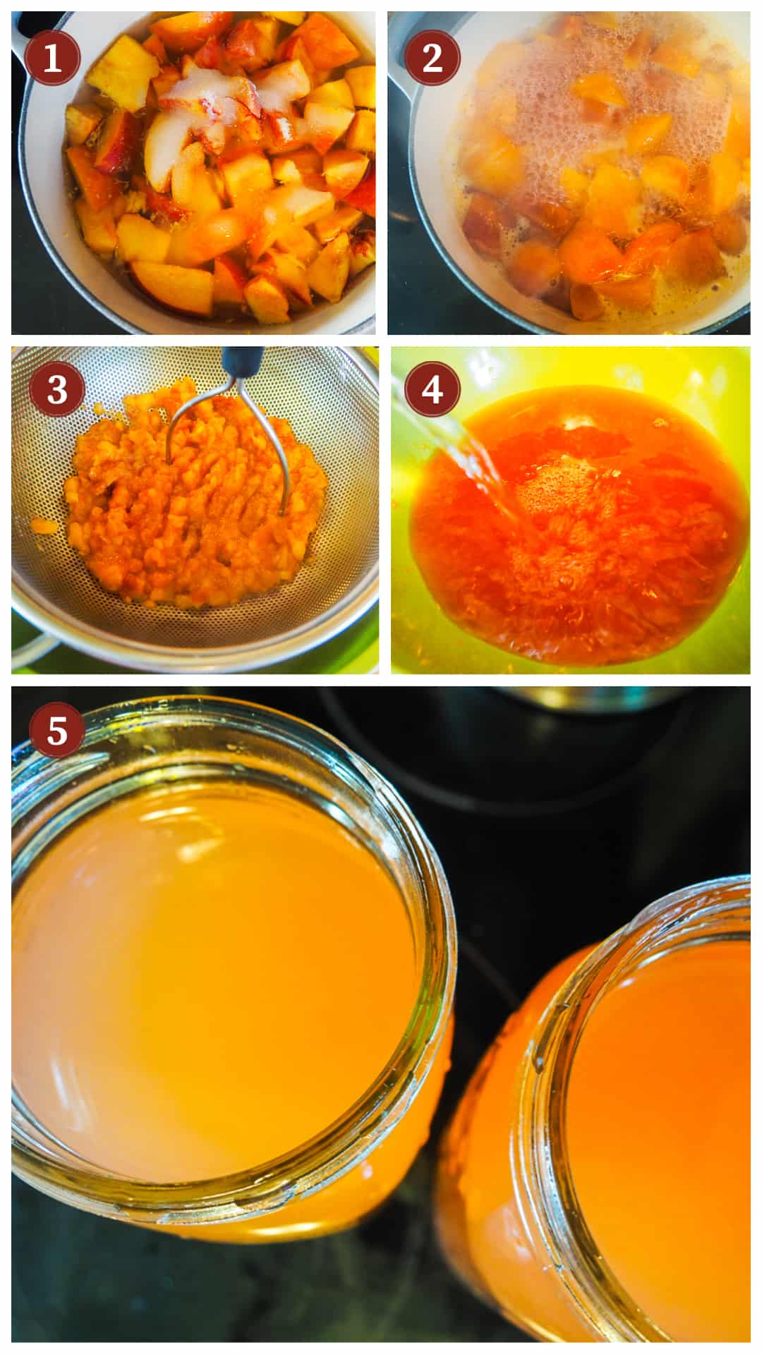 A collage of images showing the process of making peach lemonade on the stove, steps 1 - 5.