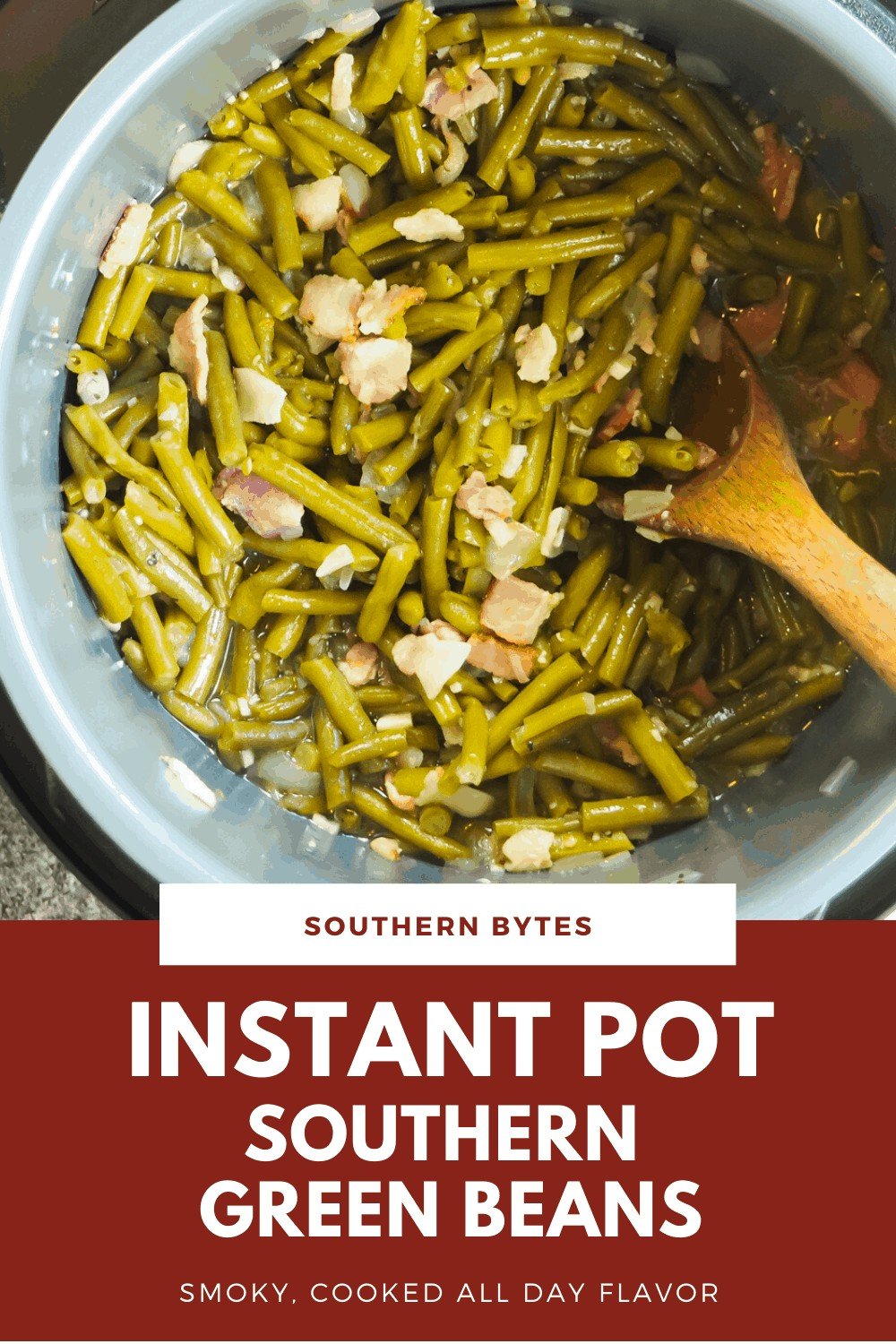 A pin image of an instant pot with cooke southern green beans in it and a wooden spoon.