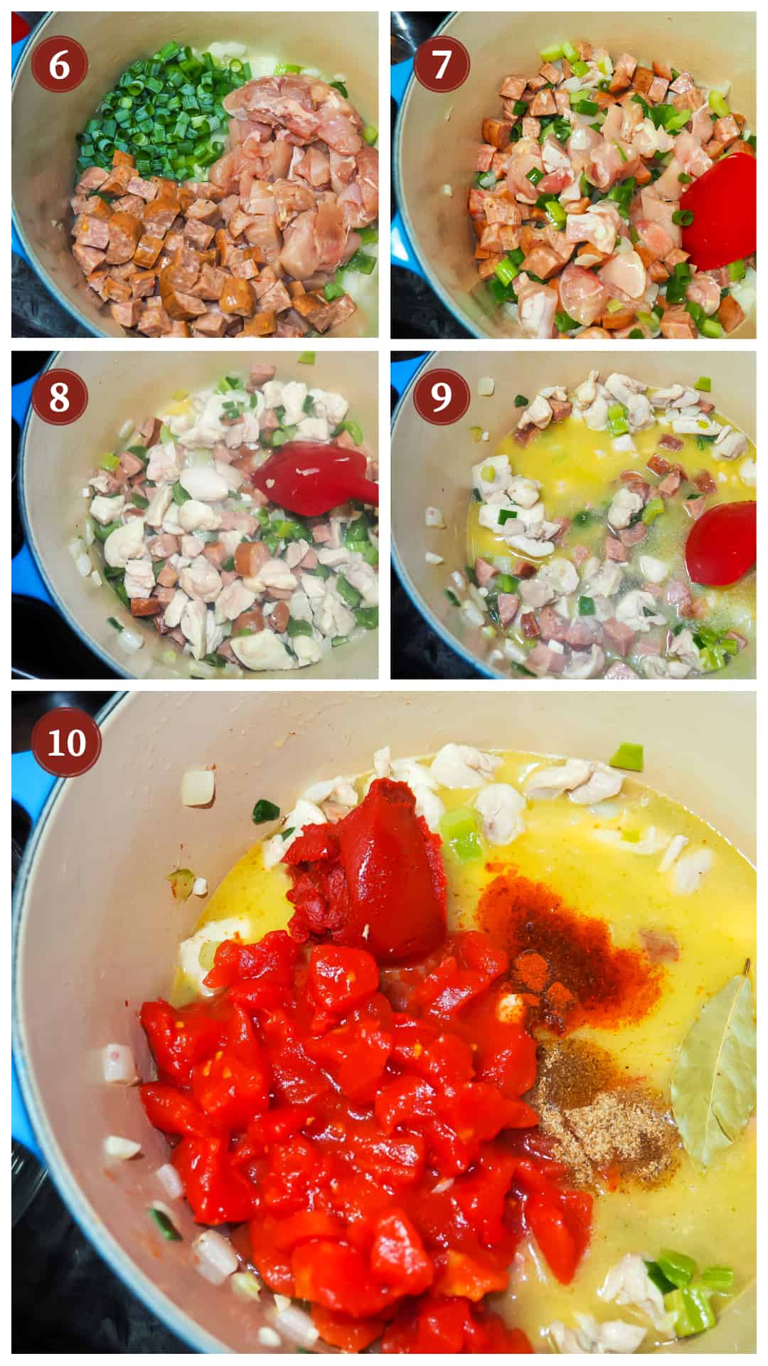 a process collage of images for making jambalaya, steps 6 - 10.