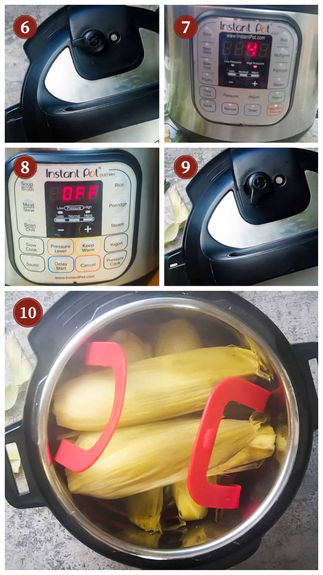 a process collage of cooking corn on the cob in an instant pot, steps 6 - 10