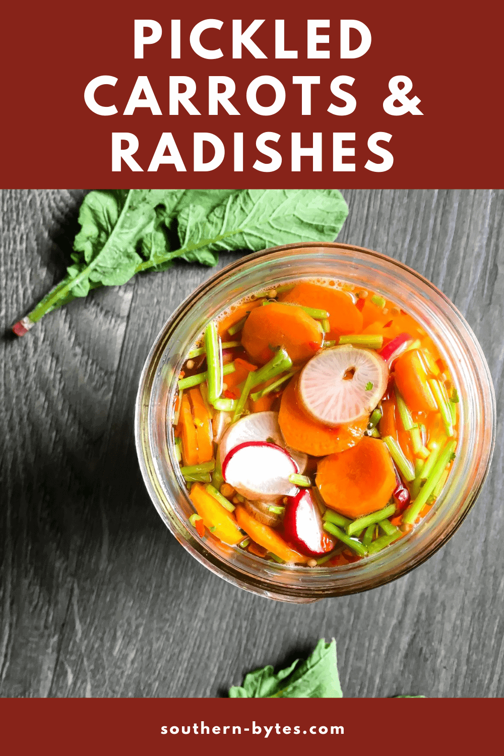 a pin image of a jar of pickled carrots and radishes