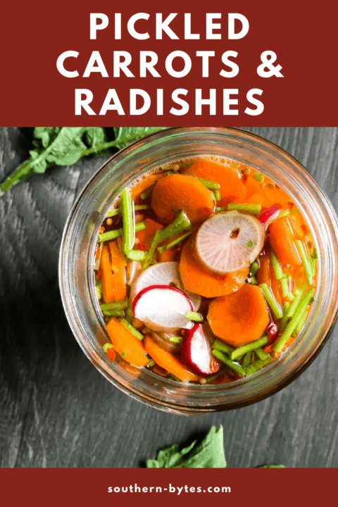 a pin image of a jar of pickled carrots and radishes