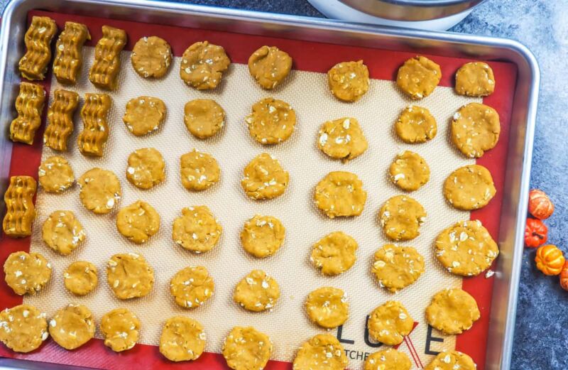 a baking sheet with round dog treats on it