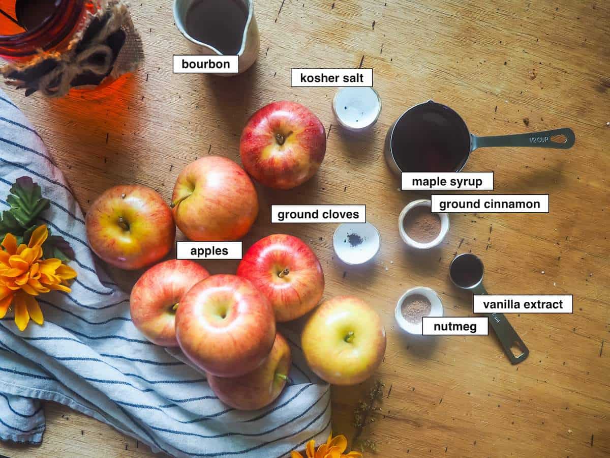 the ingredients in maple apple butter in small bowls, labeled.
