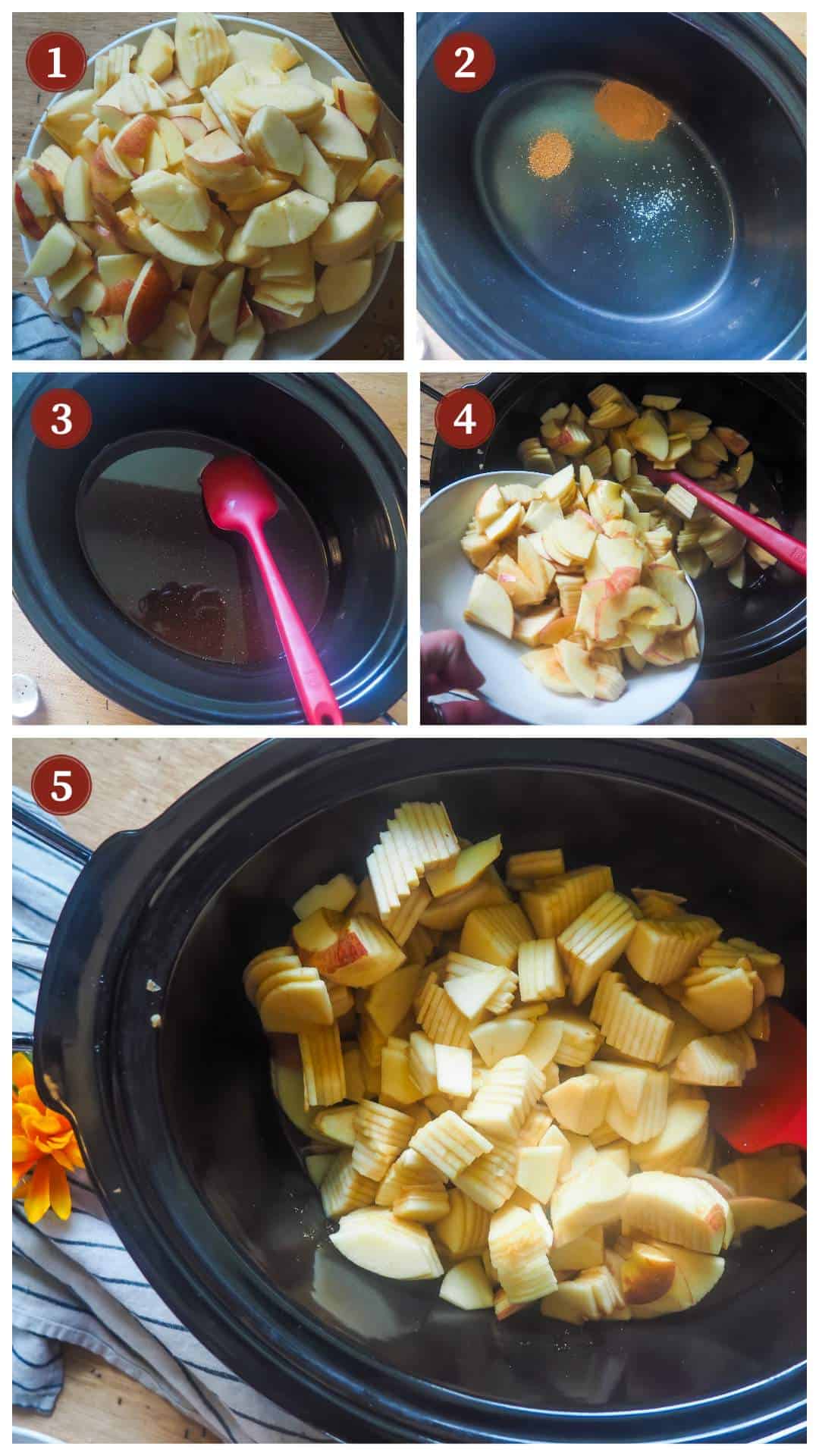 a collage of images showing how to make apple butter, steps 1 - 5.