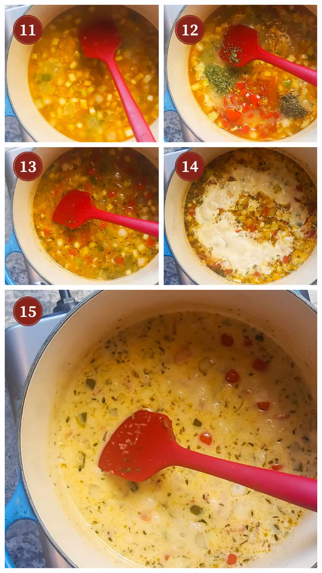 a collage of images showing the process of making crawfish etouffee, steps 11 - 15