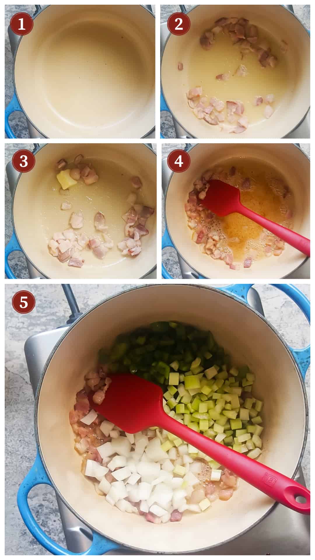 a collage of images showing the process of making crawfish etouffee, steps 1 - 5