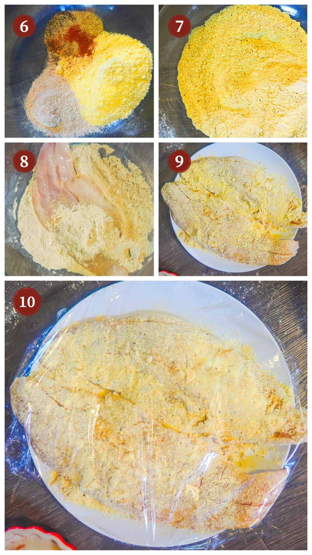 a process collage of images for frying catfish, steps 6 - 10