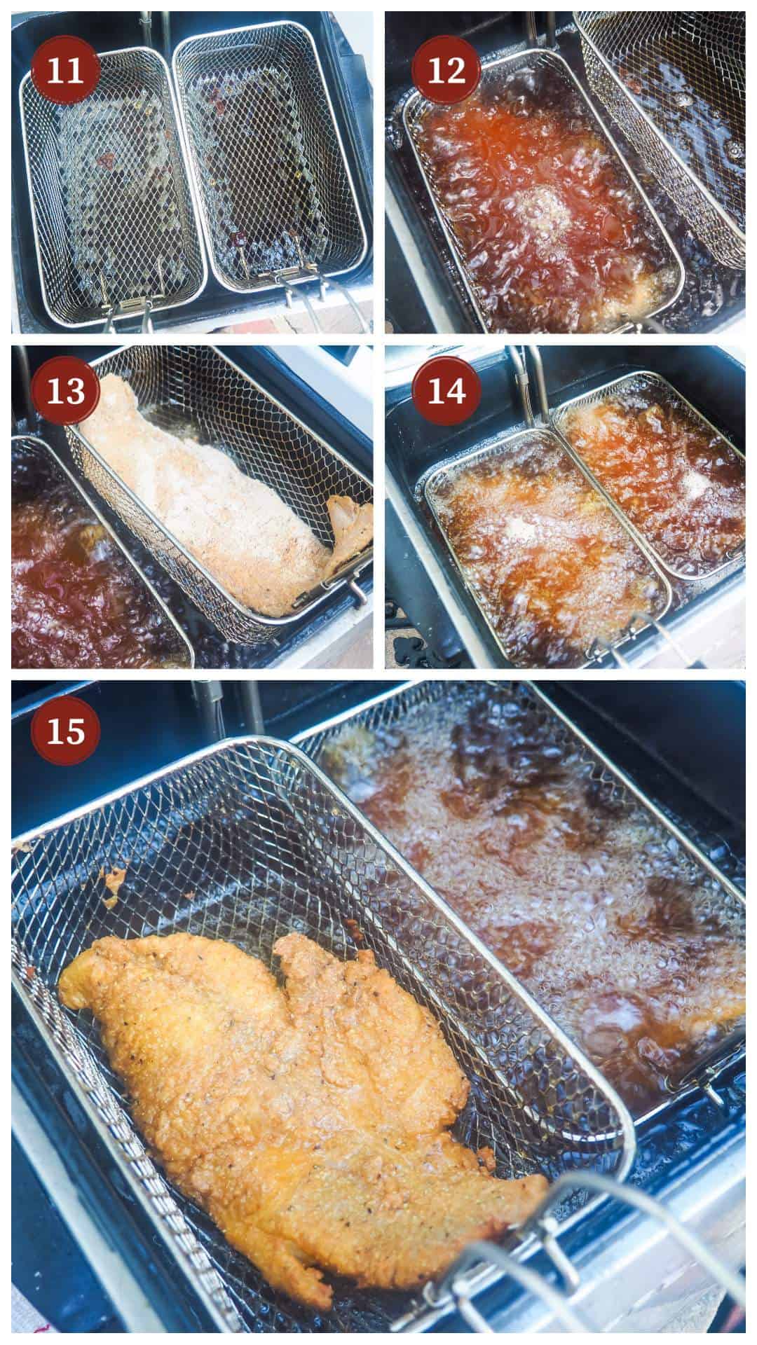 a process collage of images for frying catfish, steps 11 - 15