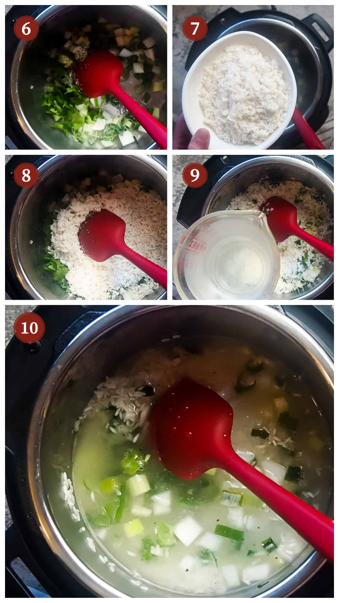 a process collage of images with the steps for making green onion rice in an instant pot, steps 6 - 10