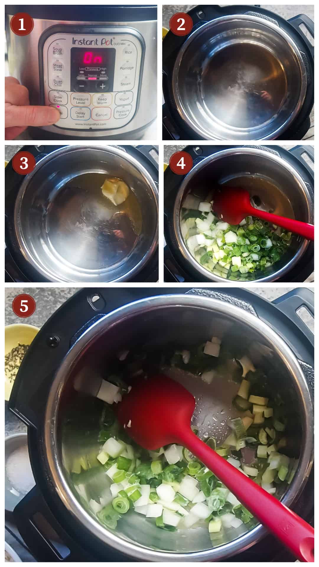 a process collage of images with the steps for making green onion rice in an instant pot, steps 1 - 5