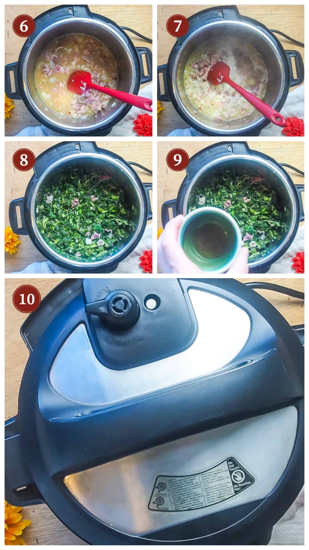 a collage of images showing the process of making collard greens in an instant pot, steps 6 - 10