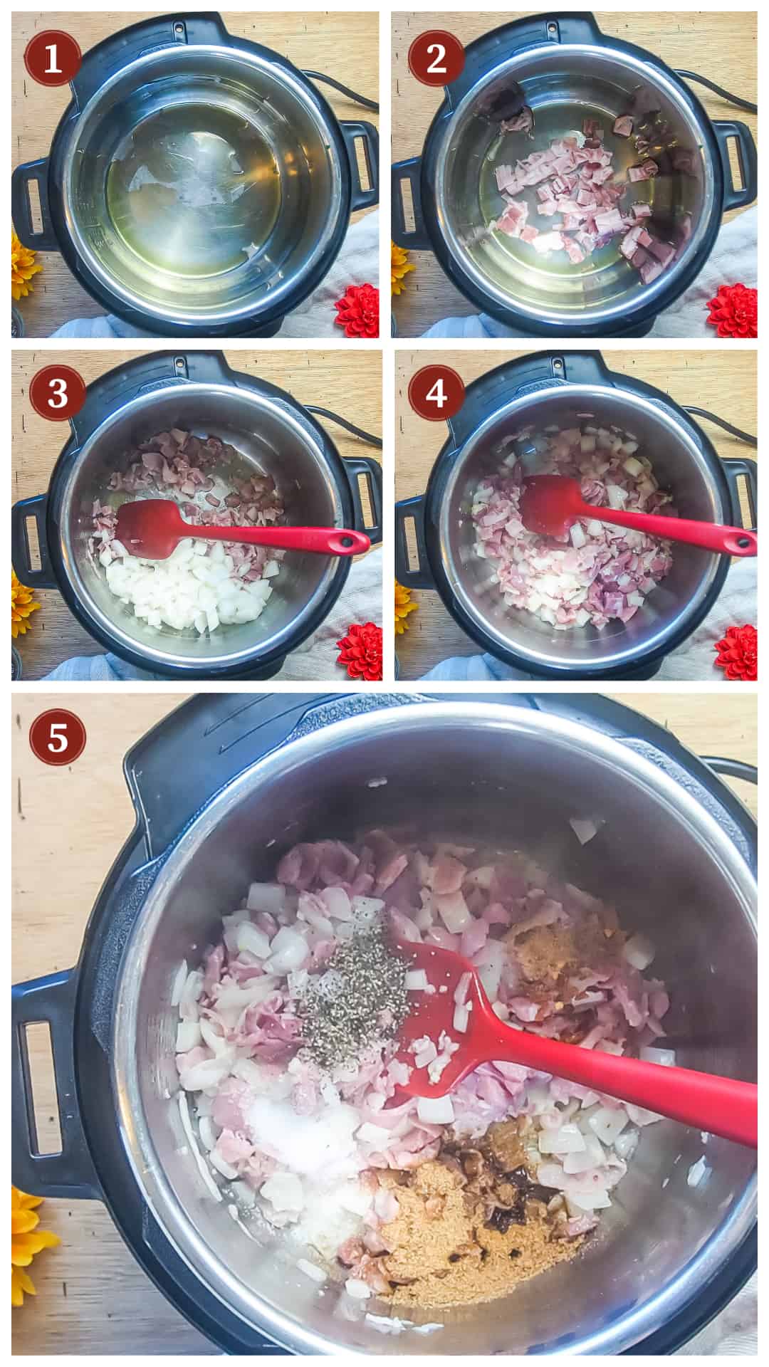 a collage of images showing the process of making collard greens in an instant pot, steps 1 - 5