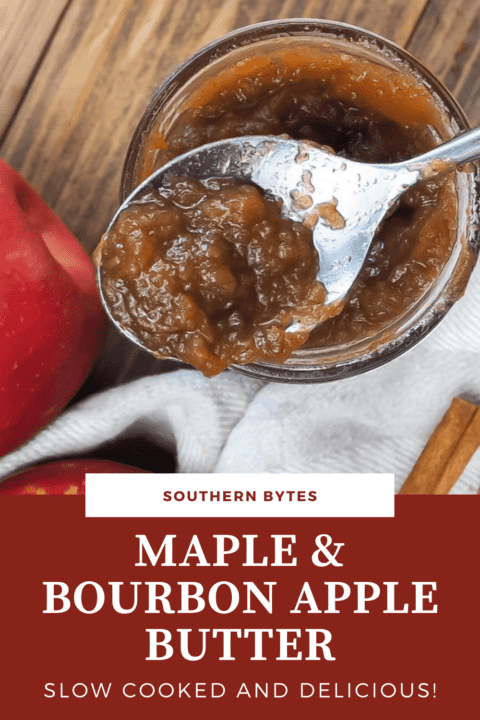 a pin image of a jar of bourbon apple butter with a spoon resting on top.
