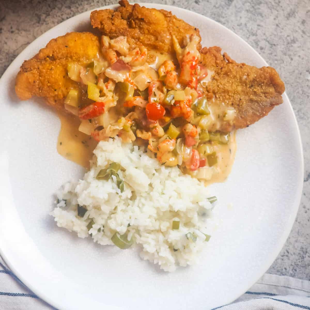 a white plate with fried catfish, crawfish etouffee, and green onion rice on it