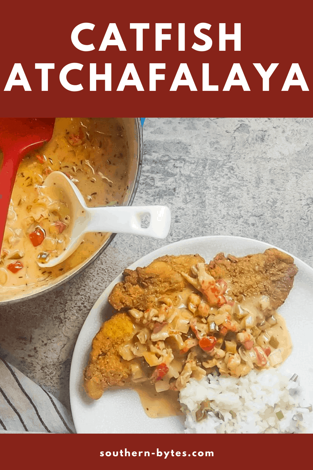 a pin image of a white plate with fried catfish, crawfish etouffee, and green onion rice on it