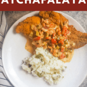 a pin image of a white plate with fried catfish, crawfish etouffee, and green onion rice on it
