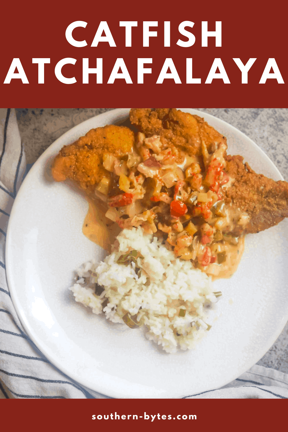 a pin image of a white plate with fried catfish, crawfish etouffee, and green onion rice on it