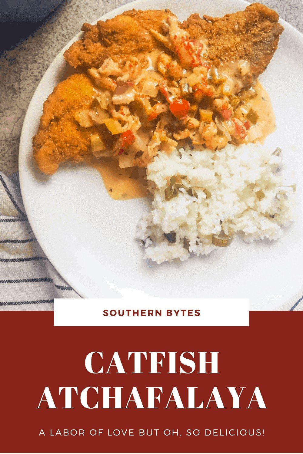 a pin image of a white plate with fried catfish, crawfish etouffee, and green onion rice on it