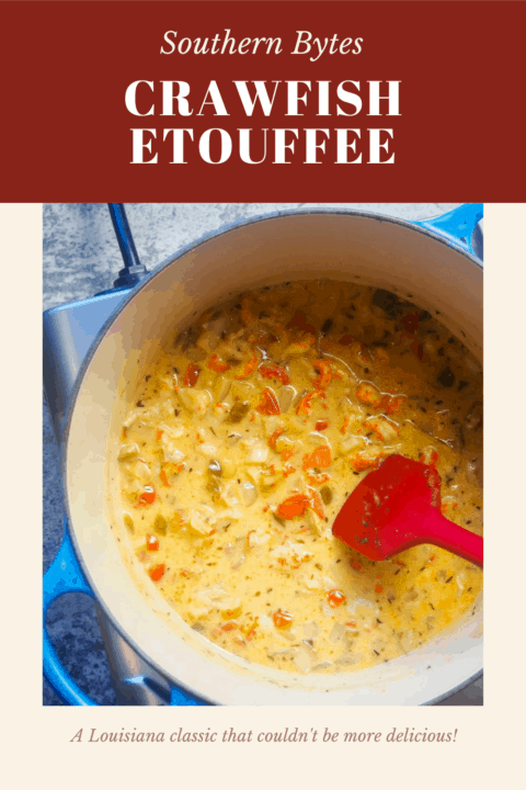 a pin image of a zoomed in pot of crawfish etouffee