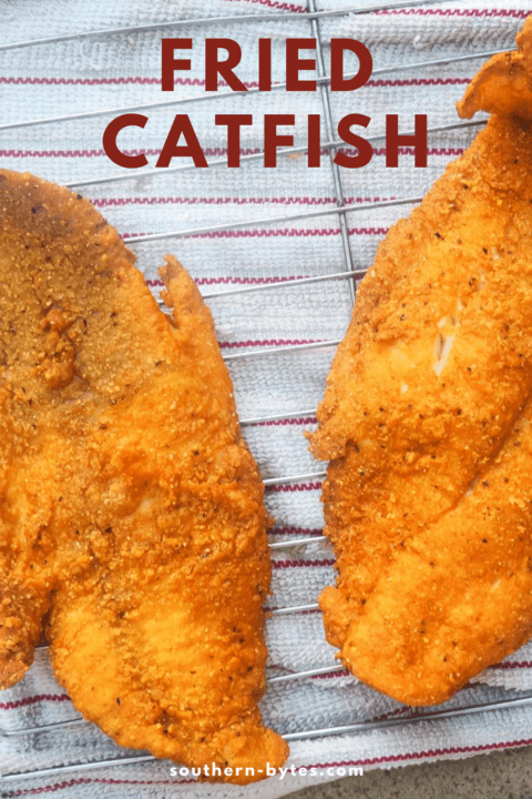 a pin image of two fried catfish filets on a towel