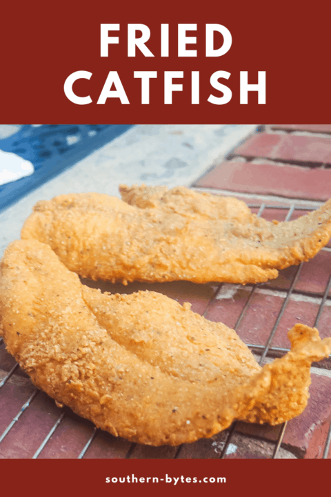 a pin image of two fried catfish filets on brick steps
